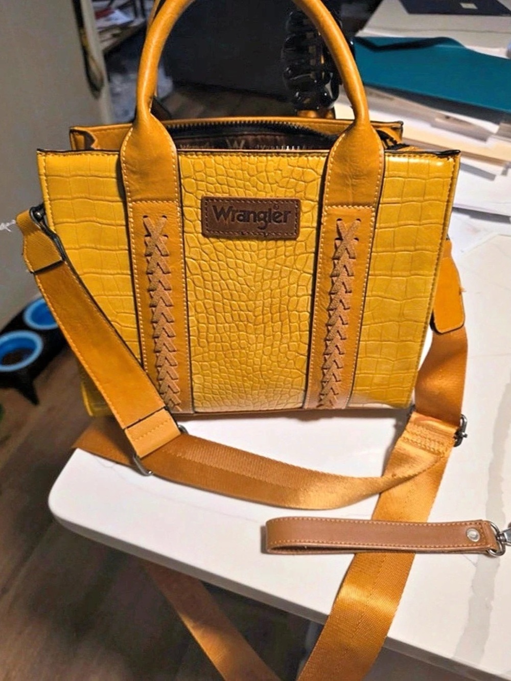 Wrangler Croc Print Concealed Carry Tote Crossbody Yellow & Brown